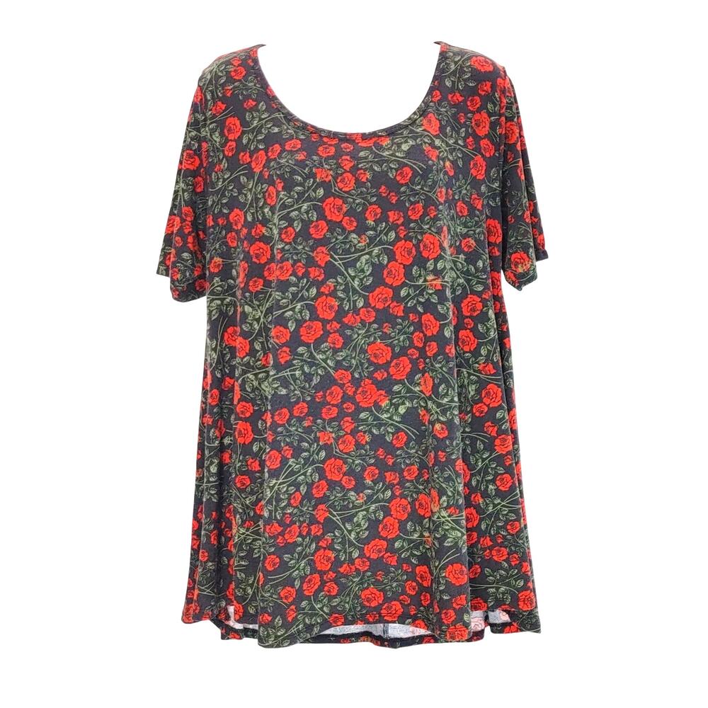 Lularoe Perfect T Tunic Top Scoop Neck Short Sleeve Black Red Floral Womens M